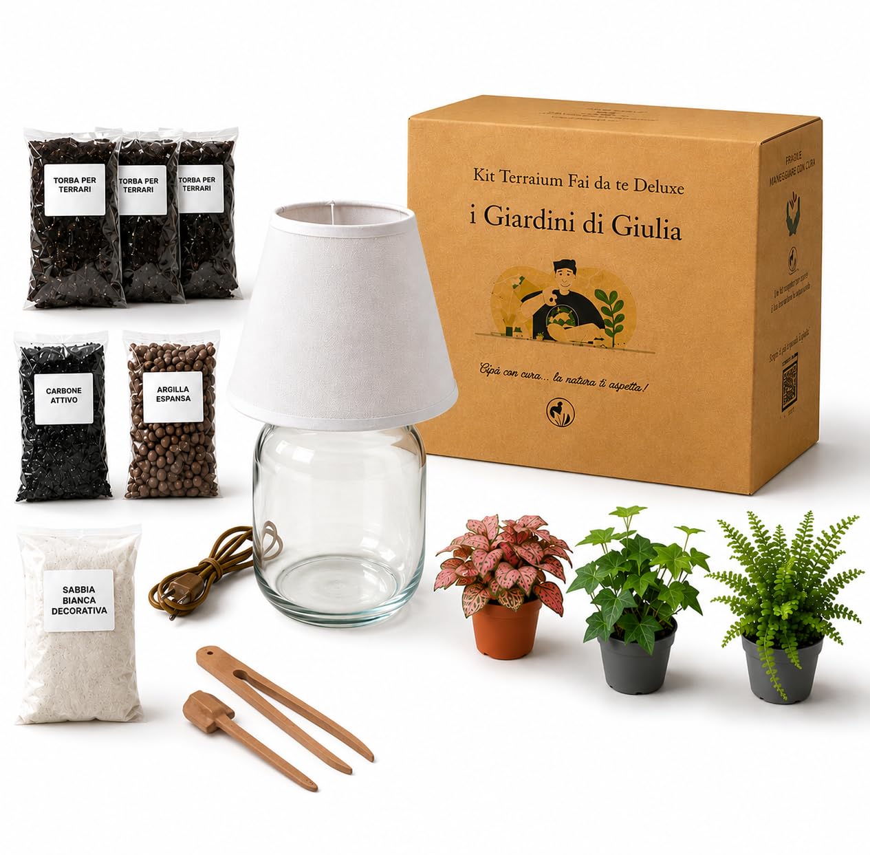 I Giardini di Giulia | Kit Terrarium Lamparium Piccolo e Piante Verdi | Vaso in Vetro Ø22 cm con Paralume Incluso | Include Substrati, Accessori e Terrario Fai-da-Te