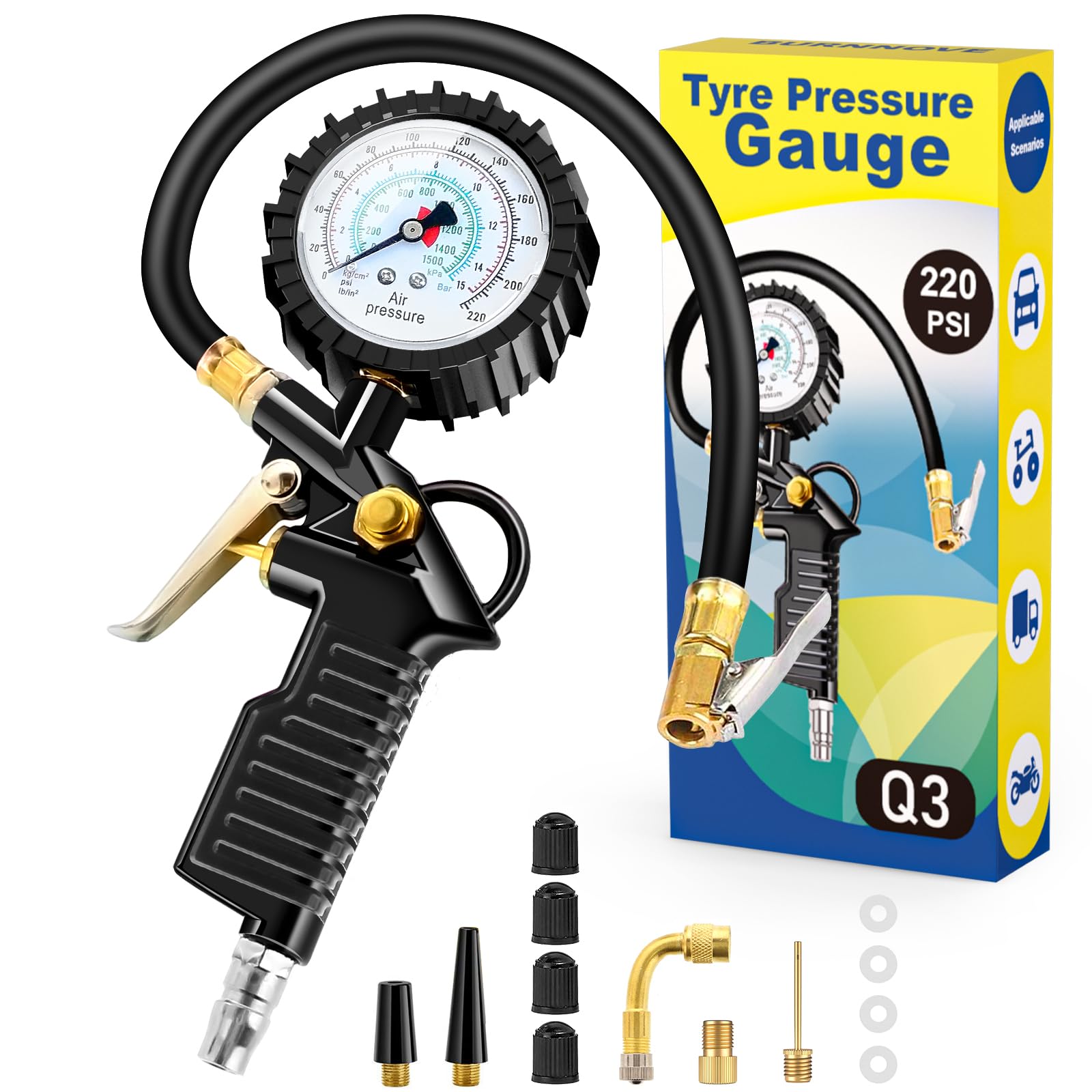 BURNNOVE Reifendruckprüfer 3-in-1 Reifenfüller 220 PSI mit 4 Messeinheiten PSI, BAR, KPA, KG/CM² und Umfangreichem Zubehör Geeignet für Auto, Motorrad und Fahrrad