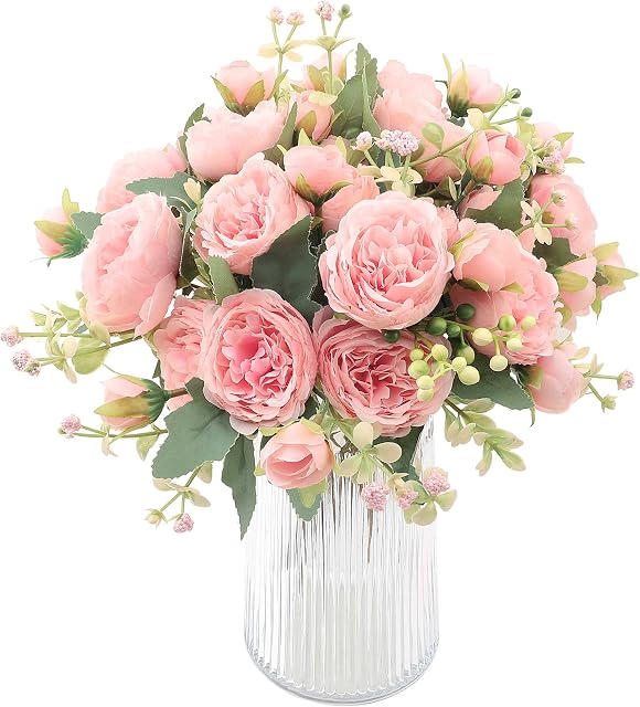 Decpro 4 Bunches Artificial Roses Peonies Flowers Bouquet Plastic Grasses Wedding Flowers for Home Party Garden Decor, Table Centerpieces, Flower Arrangements( Light Pink)
