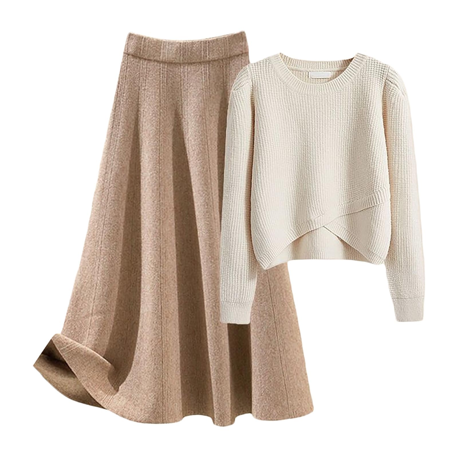 Damen Strick-Set aus Pullover und Rock in Beige - 2-teiliges Outfit mit asymmetrischem Pulli und A-Linien-Rock | Elegantes Strick-Ensemble