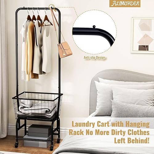 Vista 7 de ALIMORDEN Laundry Cart with Clothes Rack, Rolling Laundry Butler with Wire Storage Rack，Black Negro