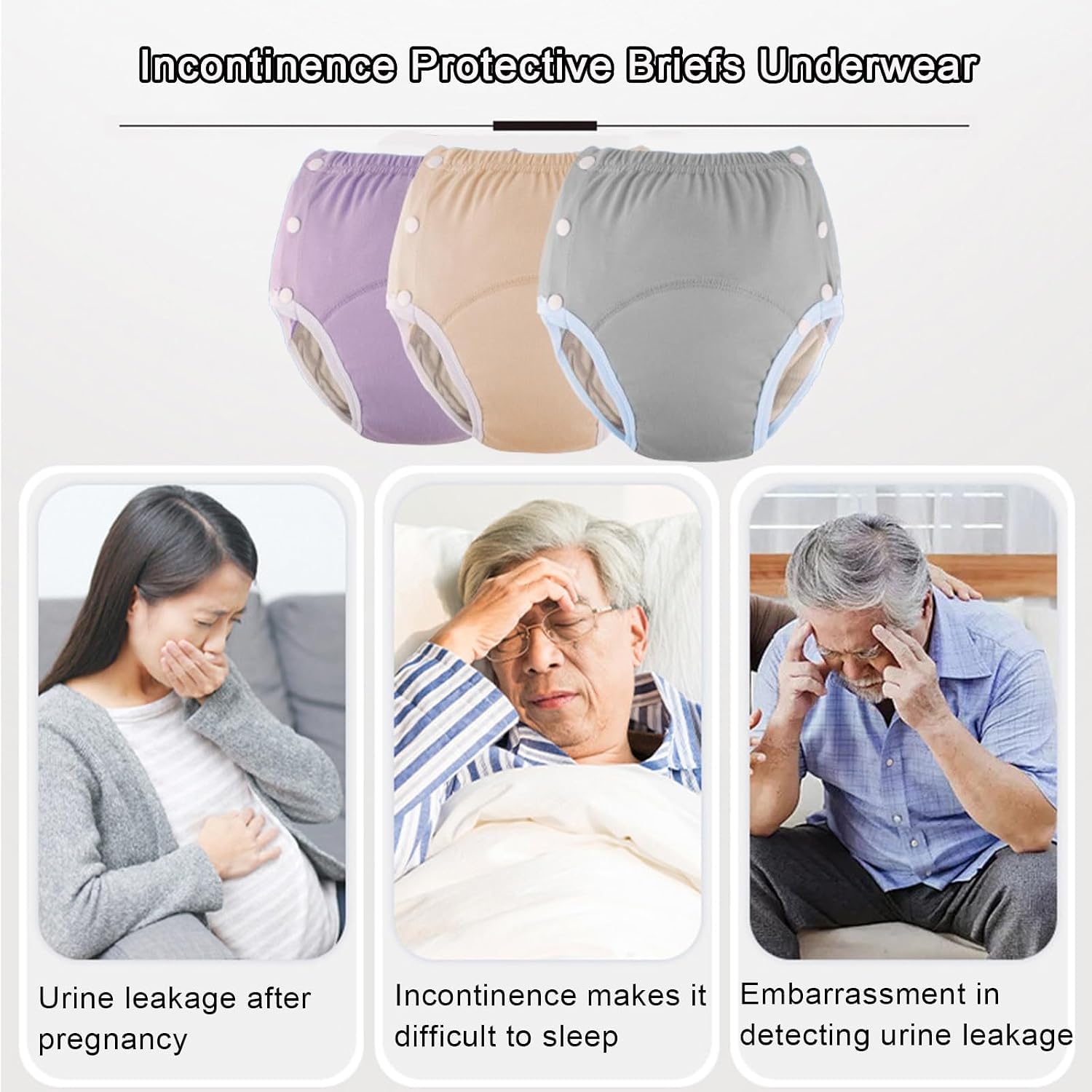 Culottes dincontinence en Coton Femmes Adultes, sous-vêtements Anti-fuites réutilisables avec Boutons-Pression, Couches lavables Ajustables Personnes âgées et handicapées, Lot de 3, Taille (Medium)