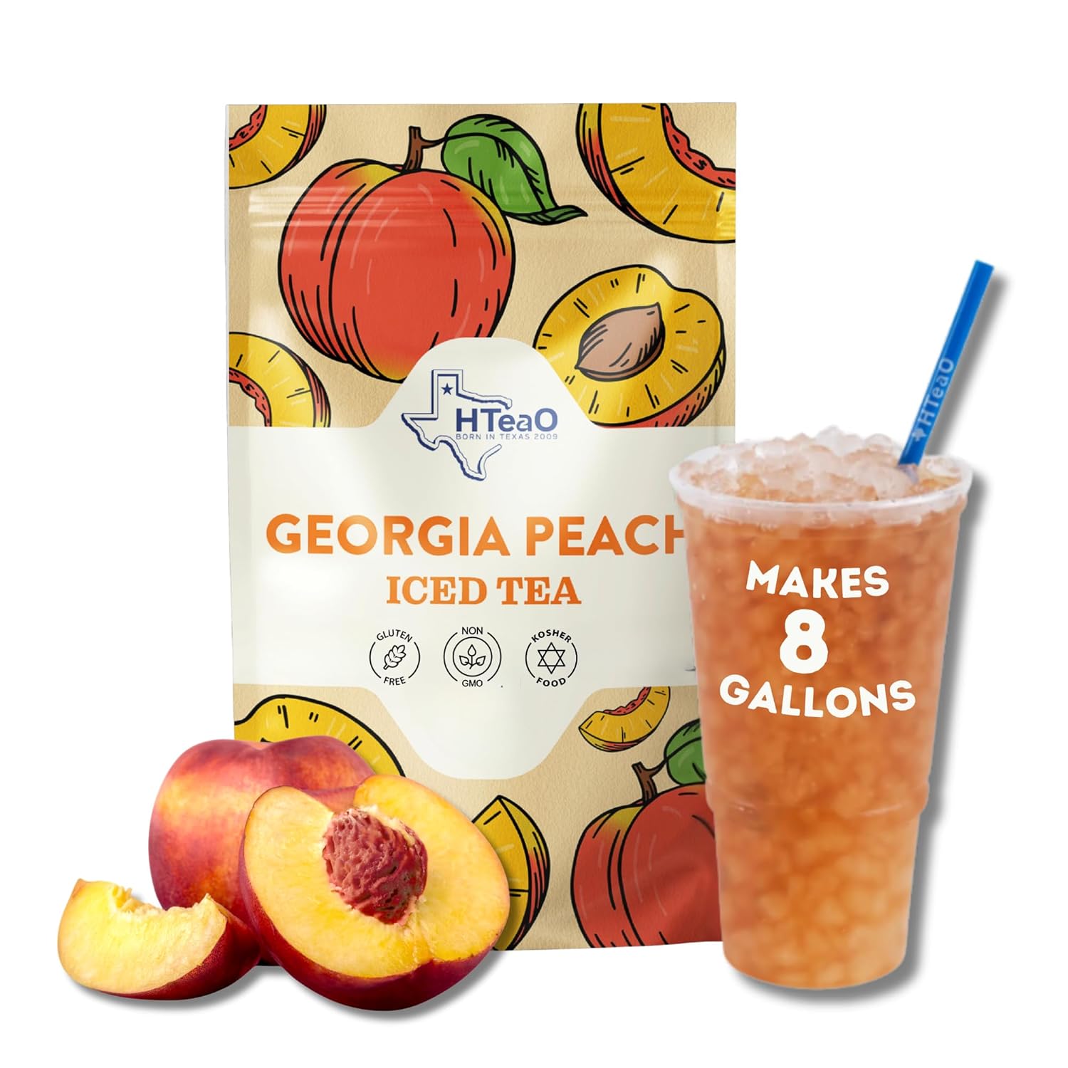 HTeaO Georgia Peach & Hibiscus Black Tea Packets – Makes 8 Gallons of Naturally Sweet Tea in 5 Minutes – Large Tea Sachets for Parties, Family Gatherings, & Groups – Texas-Style Iced Tea Packets for Quick Brew (16-Count)