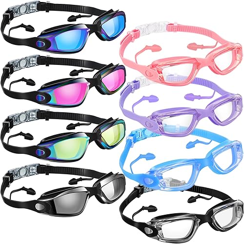 Miniatura 13 de Konohan Paquete de 8 gafas de natación sin fugas para adultos, protección UV, gafas de piscina con clip para la nariz Color novedoso,Bright