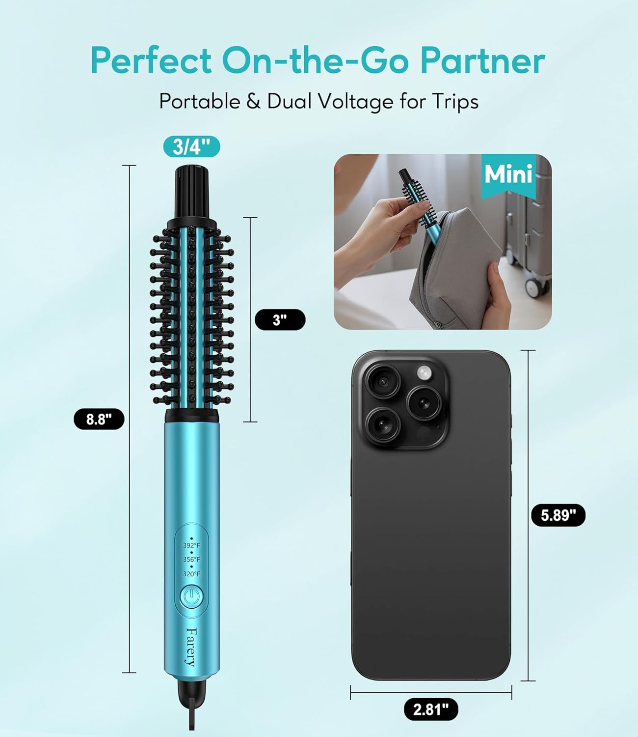 Farery Mini Thermal Brush 3 Temperature Adjustable, 3/4 Inch Travel Curling Iron for Short Hair, Heated Round Brush for Touch-ups and Small Curls, Lightweight Curling Wand for Thin Hair, Dual Voltage