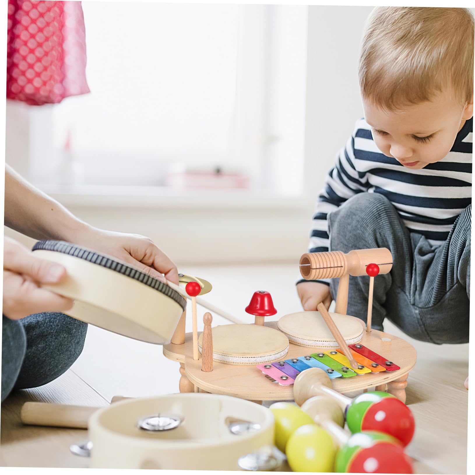 Mikikit Percusión Infantil de Madera con Xilófono y Pandereta Instrumento Musical Educativo para Regalo Colorido y Seguro Sonido Claro y Variedad de Tonos
