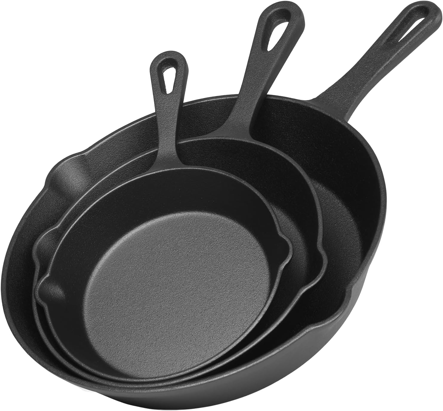 LOVEWE Cast Iron Skillet Set, 3-Piece, Black, 6 inch, 8 inch, 10 inch, Even Heat Distribution, Pre-Seasoned