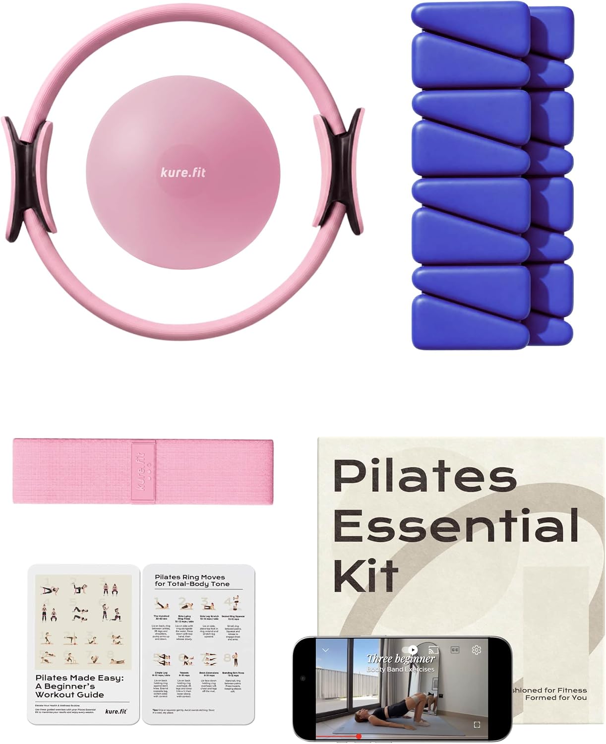 Blue Adjustable Wrist and Ankle Weights 1lb Each Set of 2 and Pink Pilates Kit Bundle