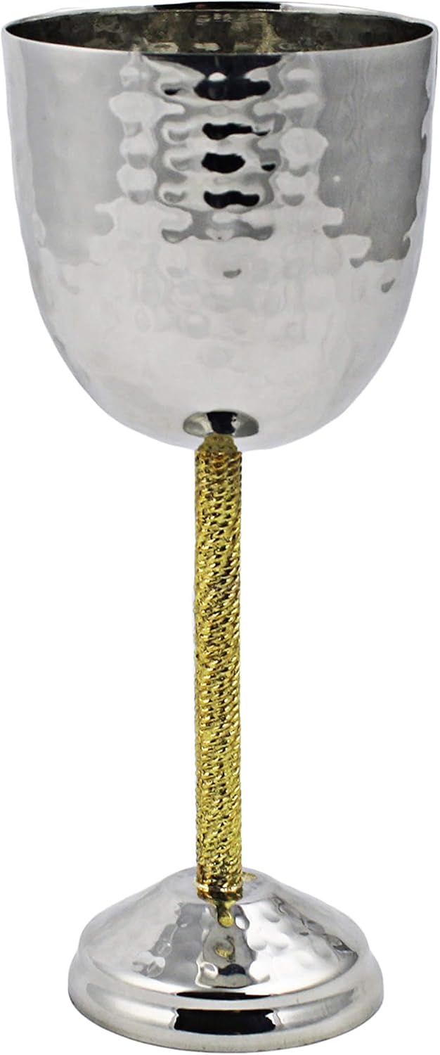 Passover Goblet with Gold Stem Shabbat Kiddush Cup - Hammered stainless steel