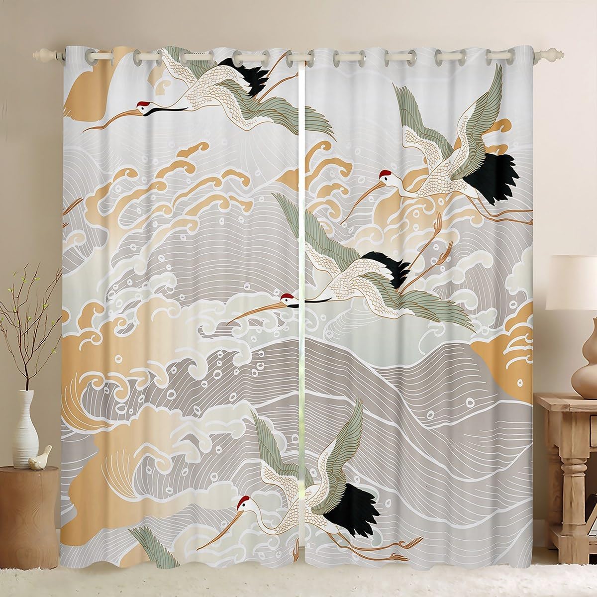 Homewish Crane Bird Curtains & Drapes Propitious Cloud Curtains 66" Wx72 L 2 Panels, Grey Geometris Stripe Line Blackout Curtains Exotic Oriental Living Room Curtains, Japanese-Style Window Curtains