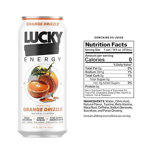 Miniatura 2 de Lucky Energy Bebidas energéticas sin azúcar, latas de 16 onzas líquidas (paquete de 12) llovizna de naranja con maca, ginseng, taurina,