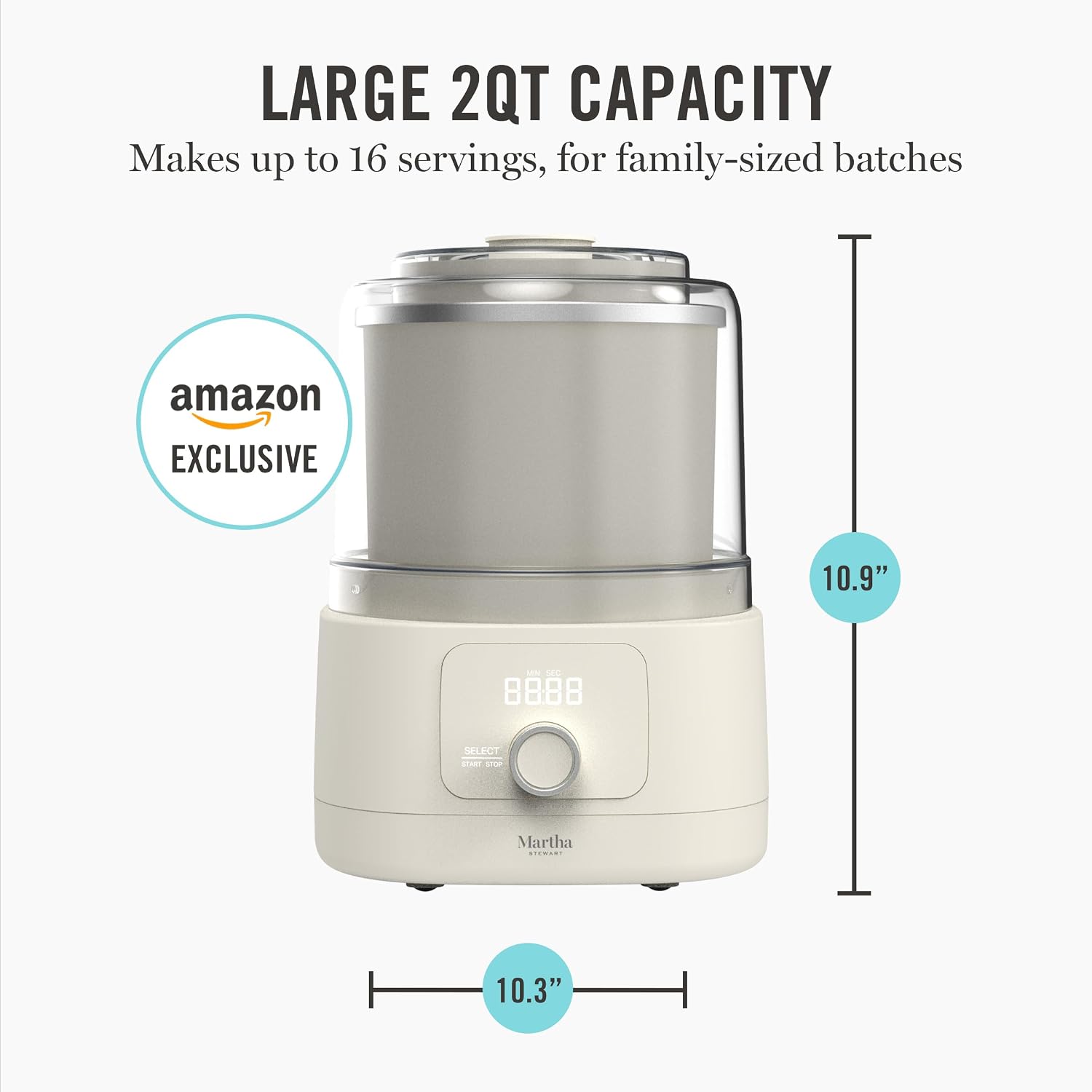 Martha Stewart Ice Cream Maker, 2 Quart Double-Insulated Freezer Bowl, Sorbet & Frozen Yogurt, Ready in 20 Minutes, Mix-Ins Chute, Easy to Clean, Linen Cream