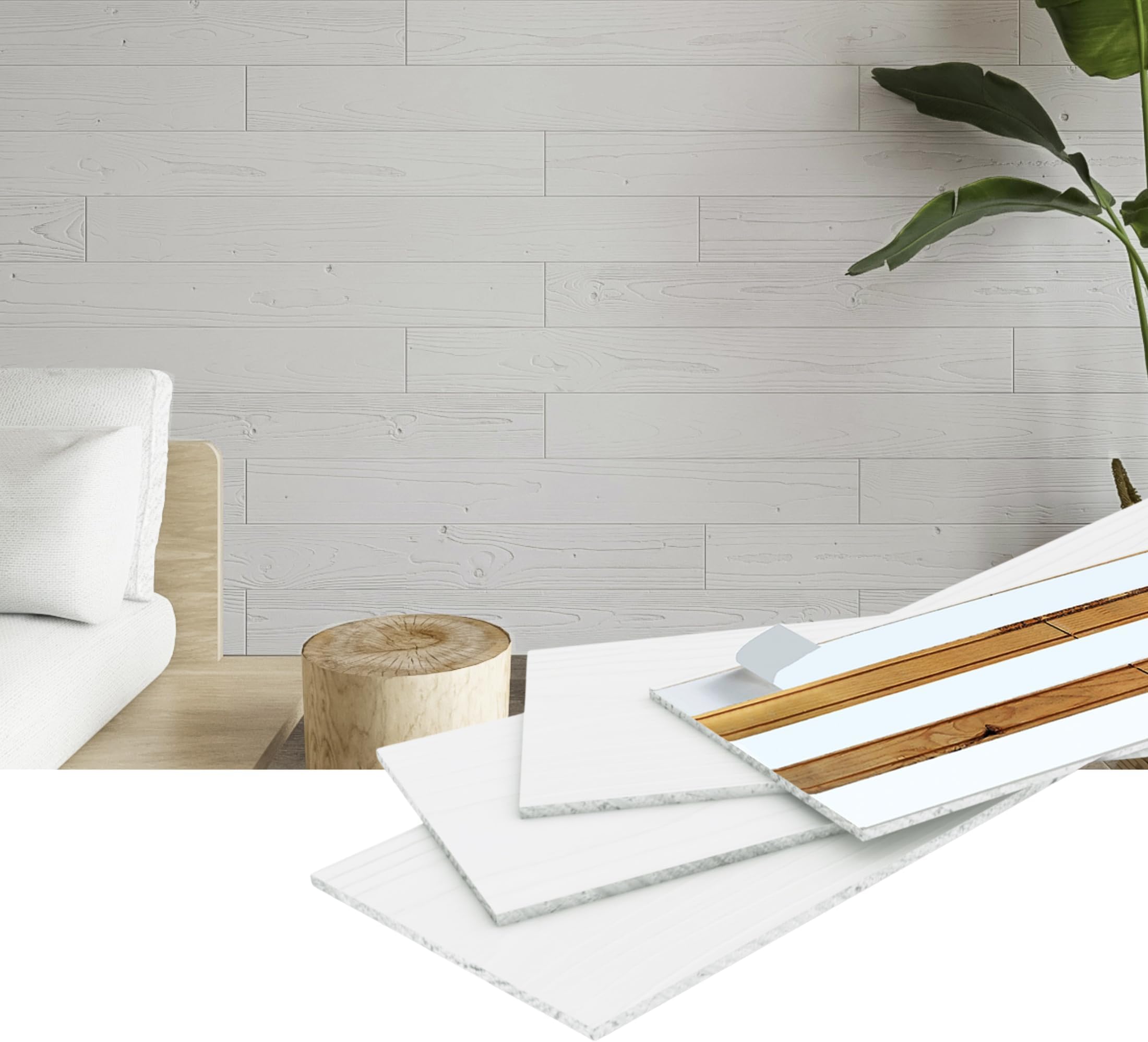 WoodyWalls Peel and Stick Wood Planks | Premium Set of 12 Real Wood Wall Panels (19.5 sq. ft. per Box) Santorini (Pure White)