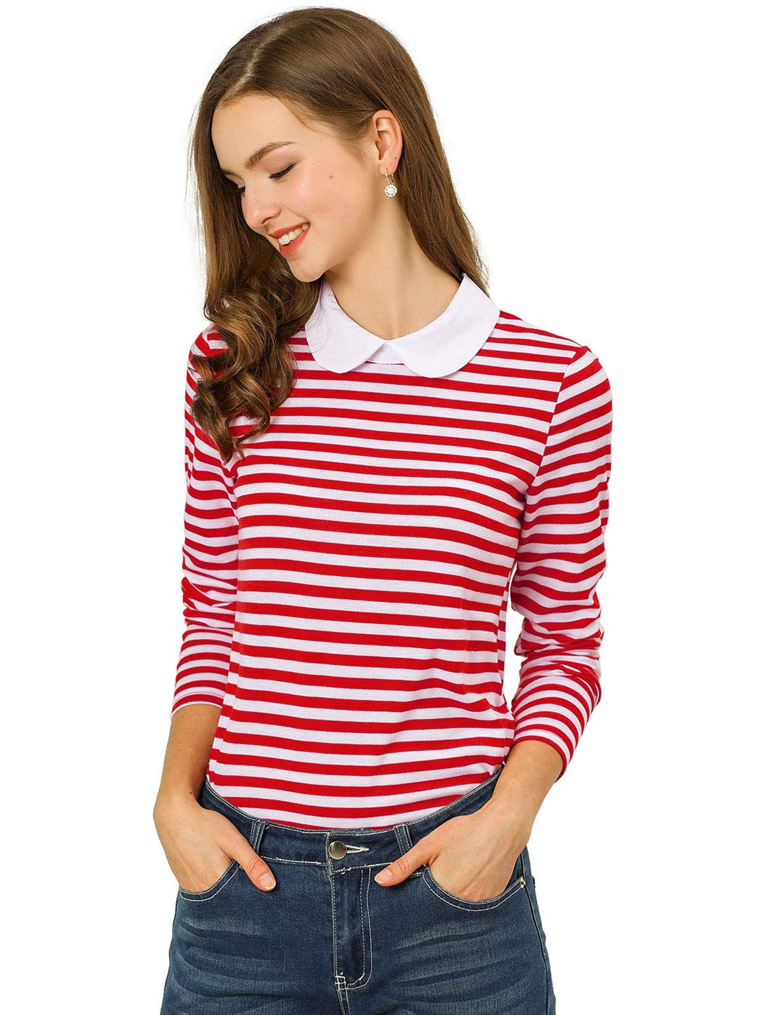 Allegra K Damen T-Shirt Langarm Bubikragen Colorblock Casual Weihnachts Streifen Top Bluse