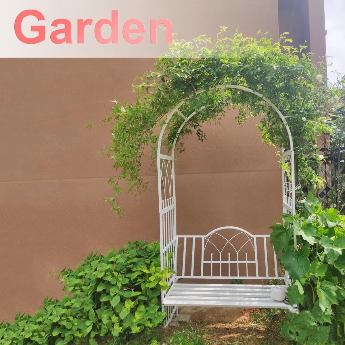 White Metal Garden Arch with Bench,Outdoor Garden Arbor Arch Trellis for Climbing Plants Vines,Black Rose Arch Arbour 45in L x 20in W x 83in H(White)