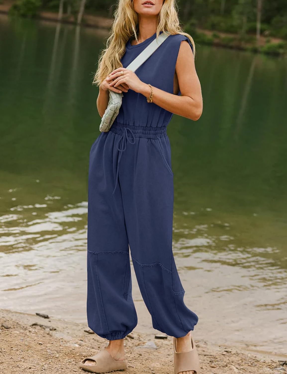 Kissonic Jumpsuits for Women Casual Crewneck Cap Sleeve Drawstring Romper One Piece Outfits with Pockets - Image 3