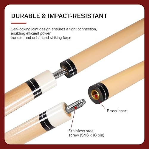 Miniatura 5 de Juego de palos de billar profesionales de 58 pulgadas, 2 piezas de madera de abedul con tacto suave y equilibrado, diseñado para salas de juegos y