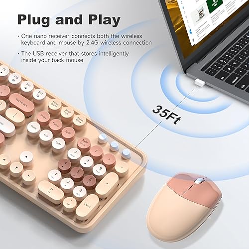 Miniatura 2 de MOFII Combo de mouse y teclado inalámbricos 2.4 GHz, tamaño completo, retro, con teclas numéricas y lindo mouse, para PC de escritorio, laptop,