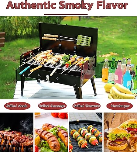 Miniatura 5 de Kit de parrilla de carbón portátil  Parrilla plegable de barbacoa de 17.3 pulgadas, alturas ajustables, 5 pinchos, 1 espátula, 1 tenedor, mini