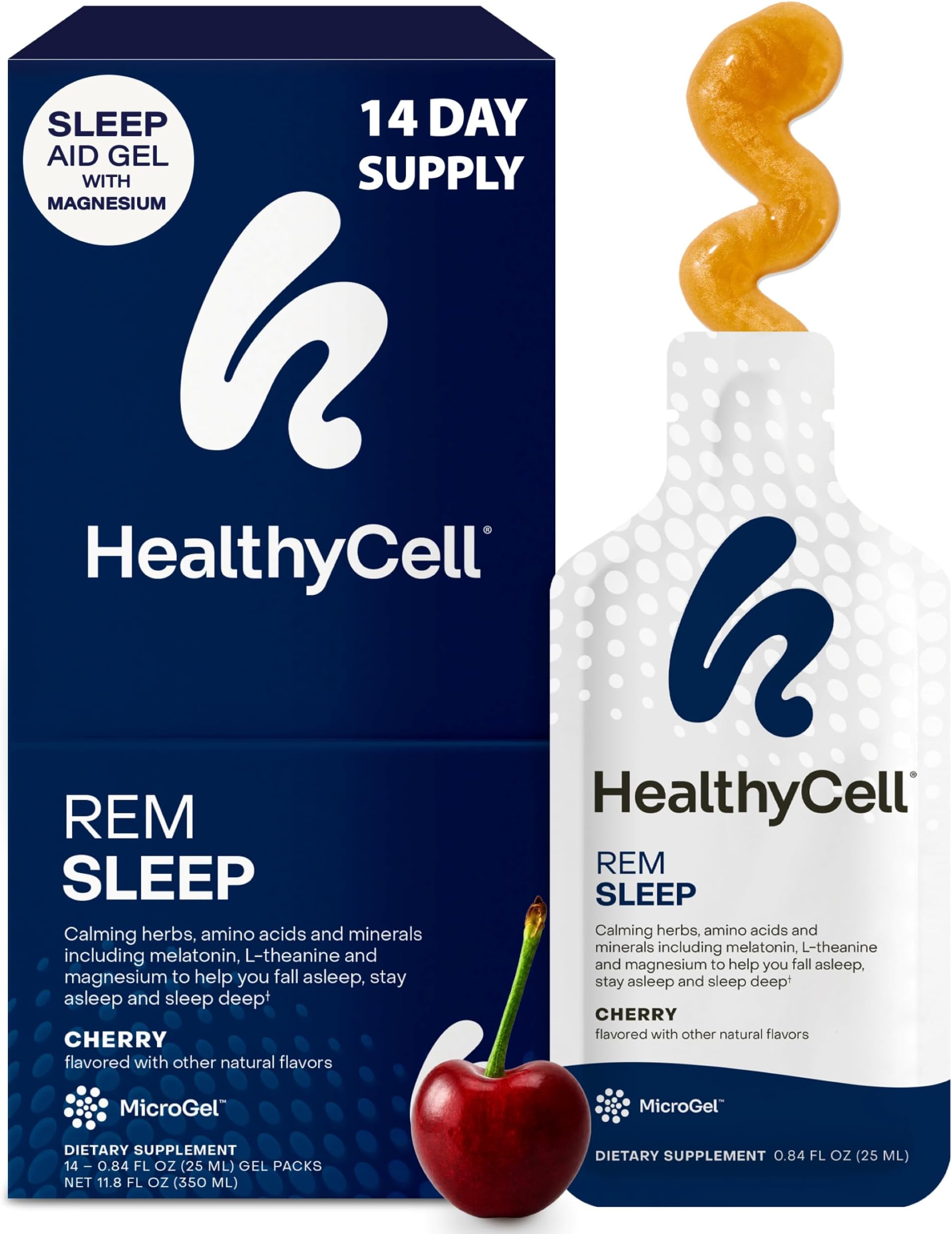 Healthycell REM Sleep - Liquid Gel Extra Strength Sleep Supplement for Adults - Melatonin, Magnesium, GABA, L-theanine Supplement - Maximum Absorption - 14 Gel Packs