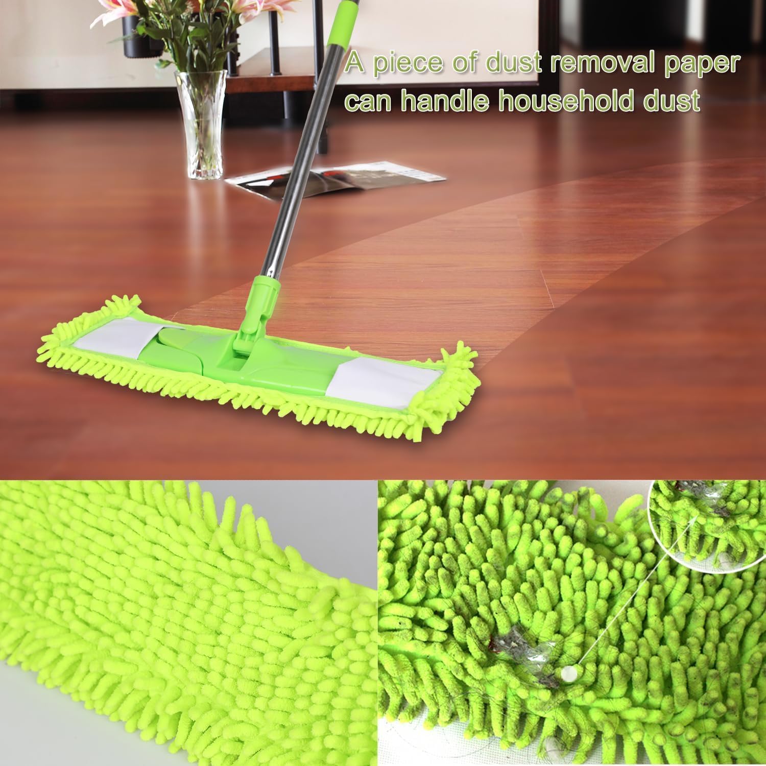 Trapeador de polvo para limpieza de suelos con 2 almohadillas de felpilla lavables y mango extensible de 55 pulgadas de largo, mopa plana seca y húmeda con estropajo para madera dura, laminado,