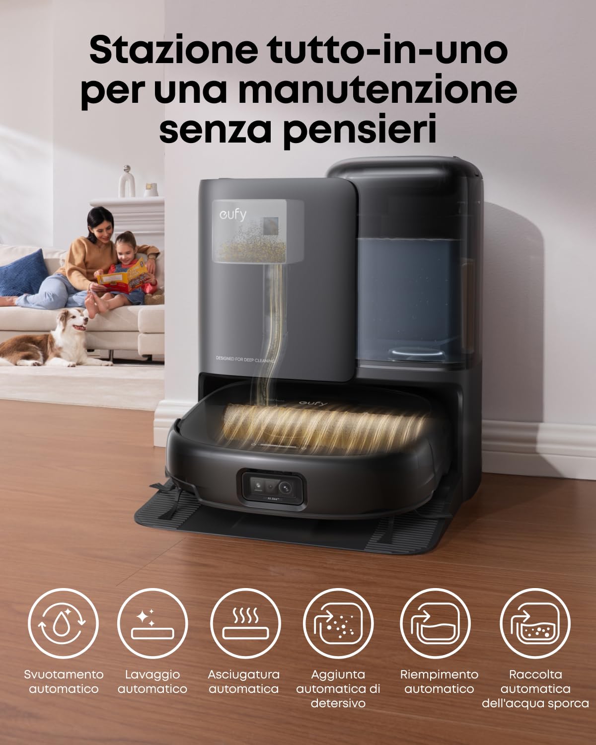 eufy Robot Aspirapolvere E25, HydroJet con Rullo Mop, 20.000 Pa Aspirazione Turbo, Robot Aspirapolvere e Lavapavimenti 2-in-1, Pulizia Angoli e Bordi, Anti-Groviglio, Evitamento Ostacoli AI, Nero