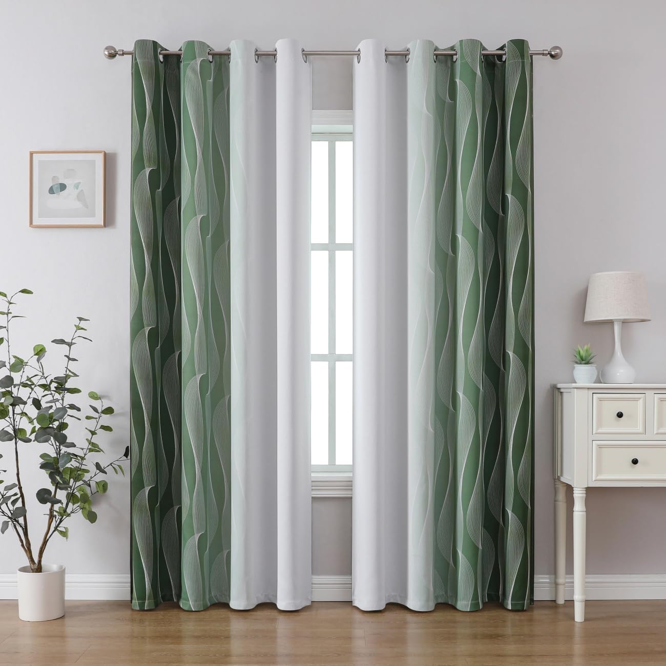 Gazal Vole Ombre Room Darkening Curtains – Modern Gradient Eyelet Drapes with Wave Line Pattern, 102 Inch Drop, 80-90% Darken Light for Living Room & Office (Green+White)-W 55 x L 102 inch