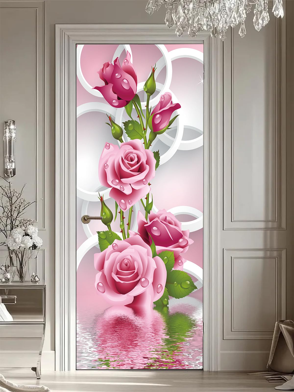 FLFK Adesivi per porte Stacca e attacca - Cerchio di fiori di rosa Carta da parati autoadesiva per pareti e porte poster per la camera da letto e il soggiorno 77x200cm