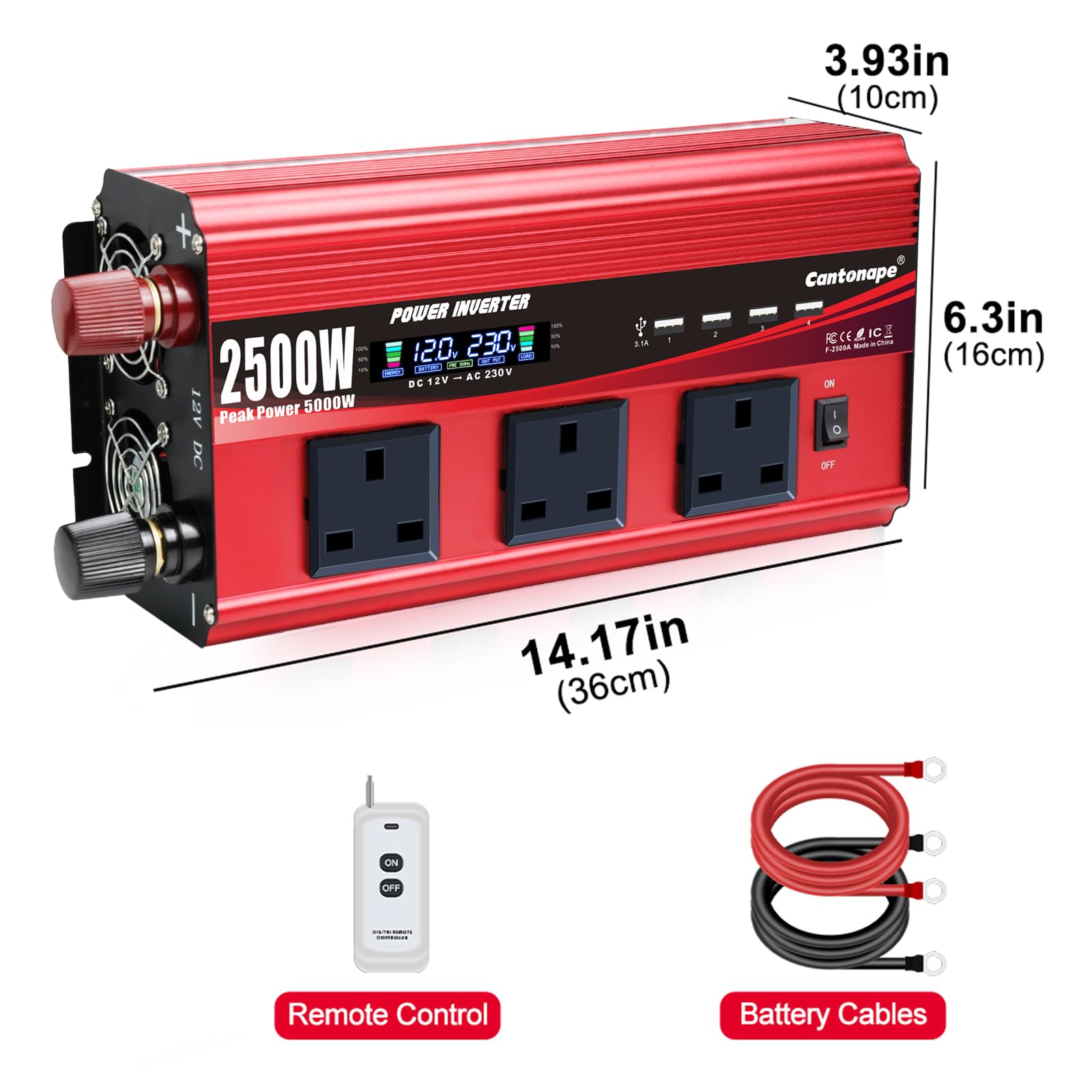 Cantonape Inversor De Corriente Coche 2500W 5000W de12V A 220V con 4 USB y 3 tomas Reino Unido con control remoto inalámbrico para Coche, Caravana, Barco, cámping