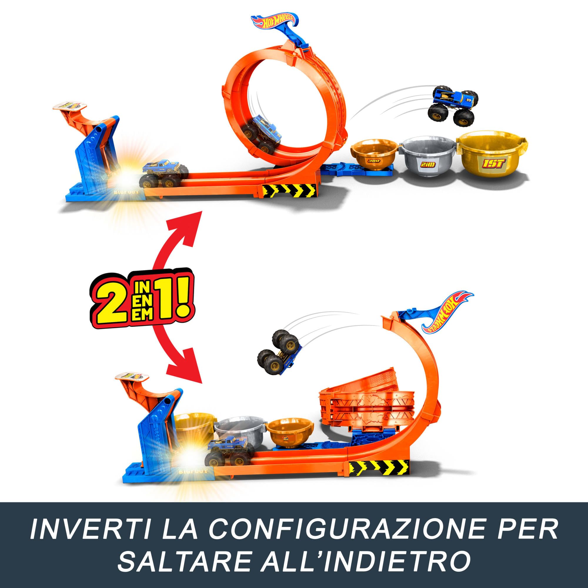 Hot Wheels Monster Trucks - Sfida Trofeo Gira e Capovolgi, playset con 2 modalità di gioco, pista e truck Bigfoot 50° anniversario incluso, giocattolo per bambini, 4+ anni, JBX64