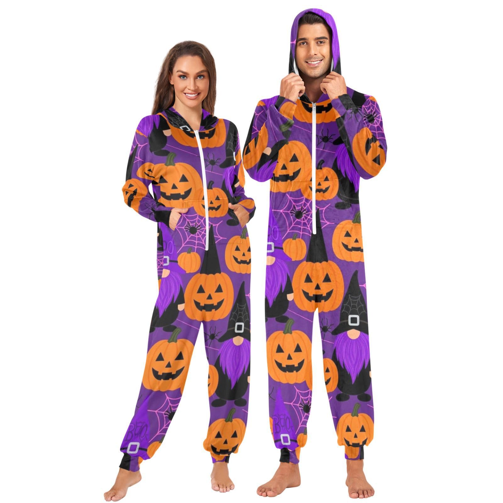 Pigiama intero per adulti, motivo con gnomo viola, streghe, pipistrello, ragnatela, zucca, Halloween
