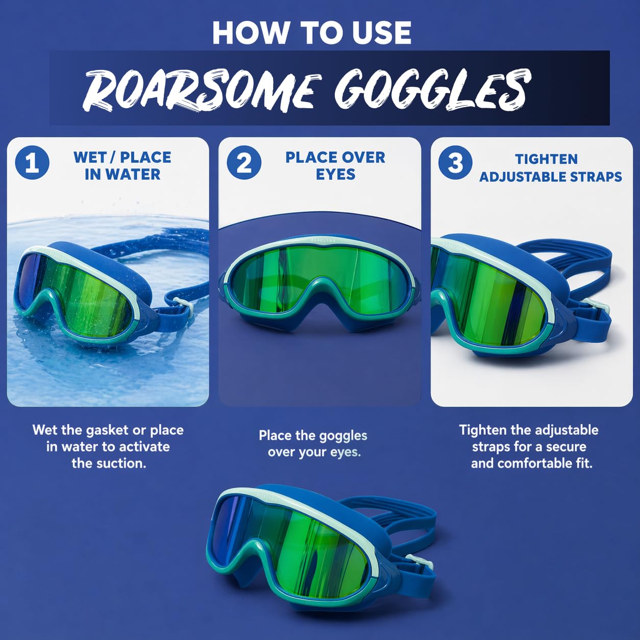 Roarsome Gafas de natación, lente de visión ultra ancha, antivaho y protección UV, ajuste de silicona suave, diseño a prueba de fugas, correa ajustable, unisex, talla única, ideal para piscina, océano