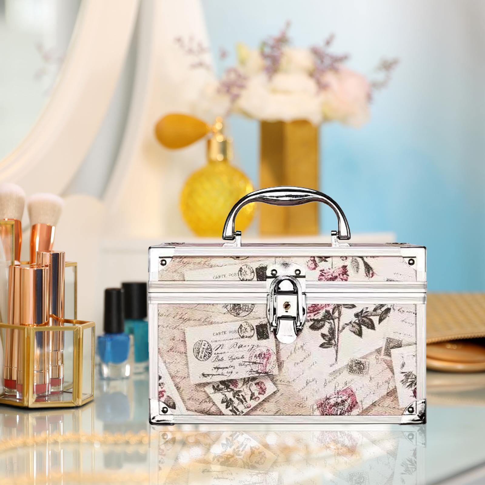Tragbarer Beauty Organizer mit Spiegel, Reise Make Up Tasche für Damen, S-Umschlag