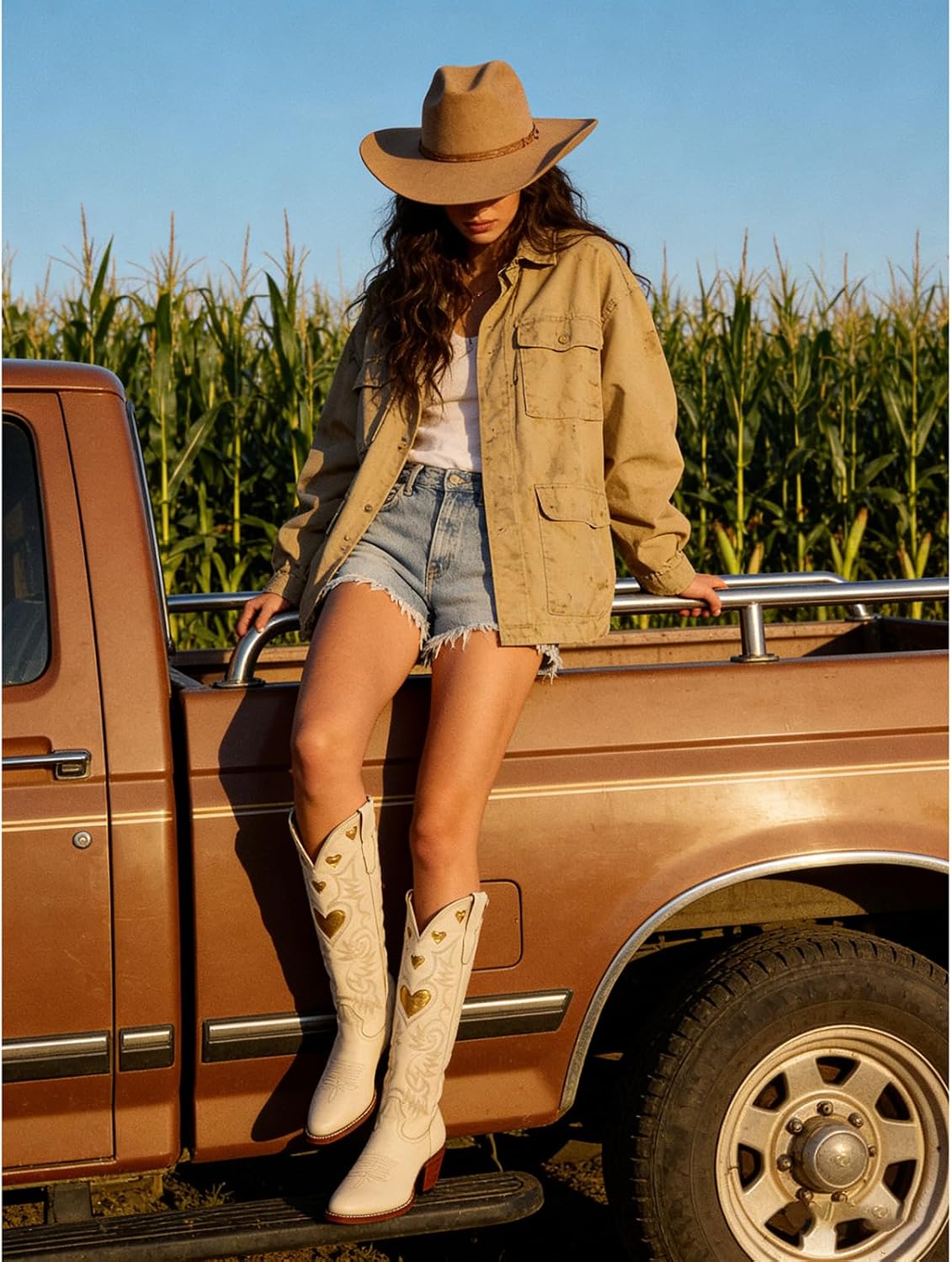Alsoloveu Embroidered Cowboy Boots Women Heart pattern Knee High Cowgirl Boot Chunky Heel Pull On Western Booties Size 8 US, Beige