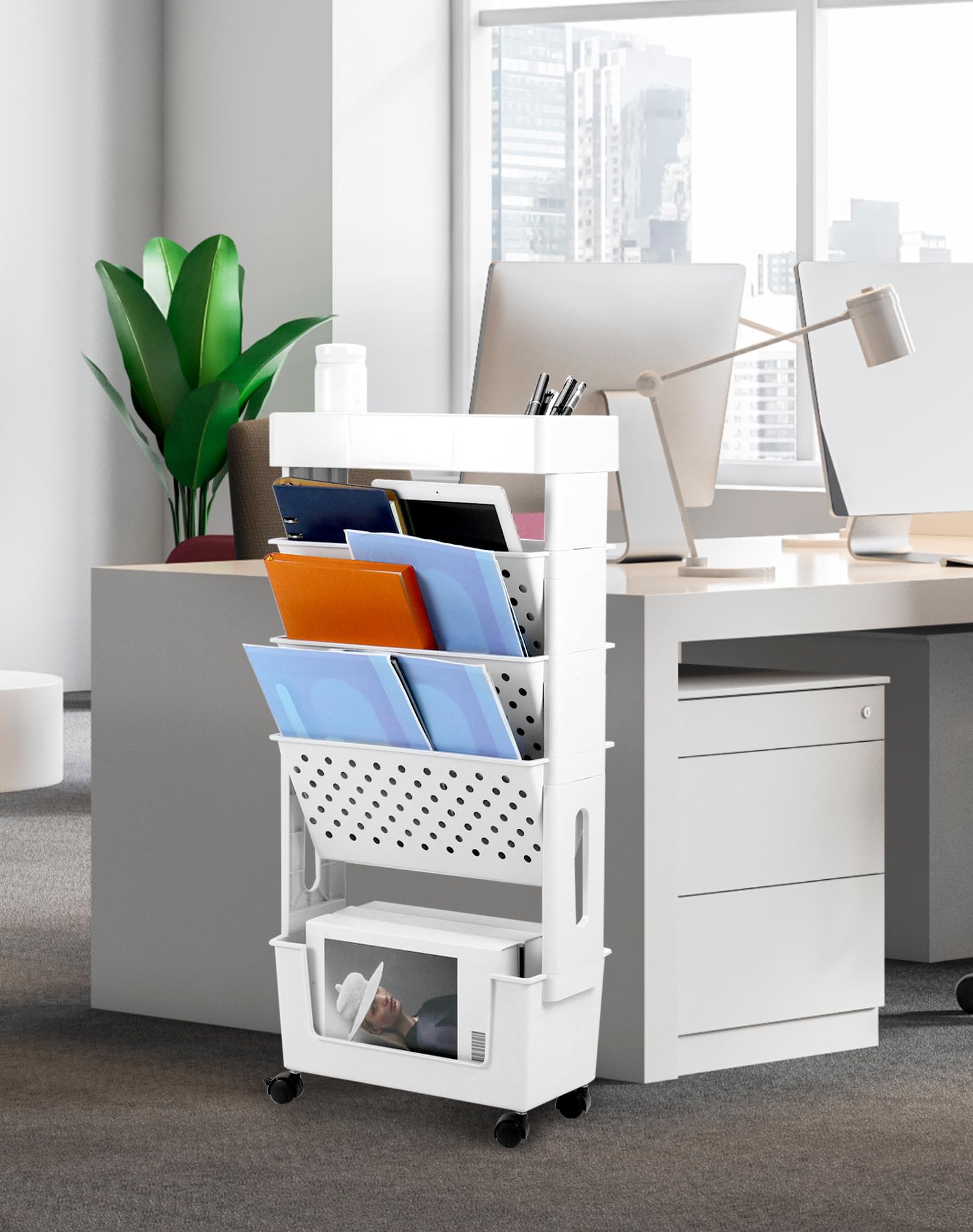 QWORK® Scaffale per libri mobile, bianco, carrello portaoggetti mobile con ruote, ripiano organizzativo multifunzionale