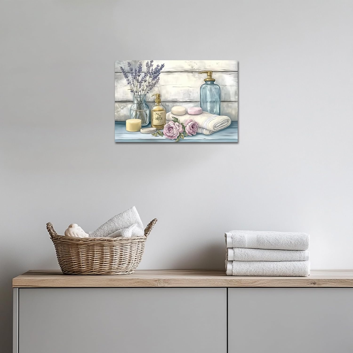 ANRUOXI Farmhouse Bathroom Canvas Wall Art Decor, Rustic Lavender Flower Bathroom Art Wall Decor, Floral Still Life Canvas Prints Picture for Laundry Room Bedroom Painting Framed Artwork 12x18 Inch