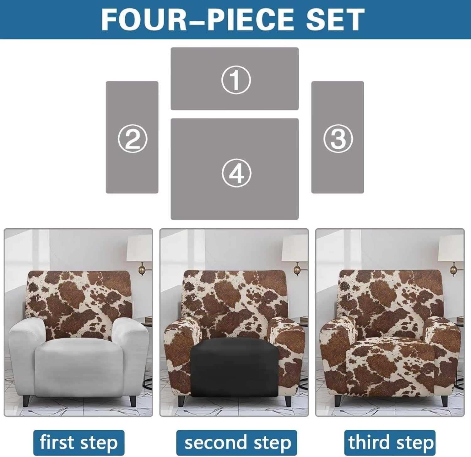 Talayituse Brown Cow Print Stretch Recliner Slipcovers Printed Sofa Cover 4-Piece Lazy Boy Chair Covers Furniture Protector Recliner Chair Cover with Storage Pocket for Living Room