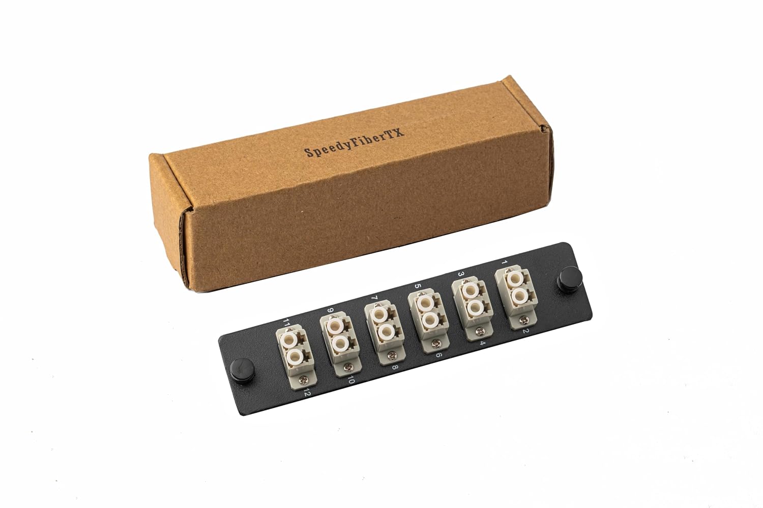 SpeedyFiberTX 1-Pack LGX Compatible Fiber Patch Panel, 12 Fibers, Loaded with Beige LC Couplers Adapters, 12-Fiber Ports with Printed Port Numbers