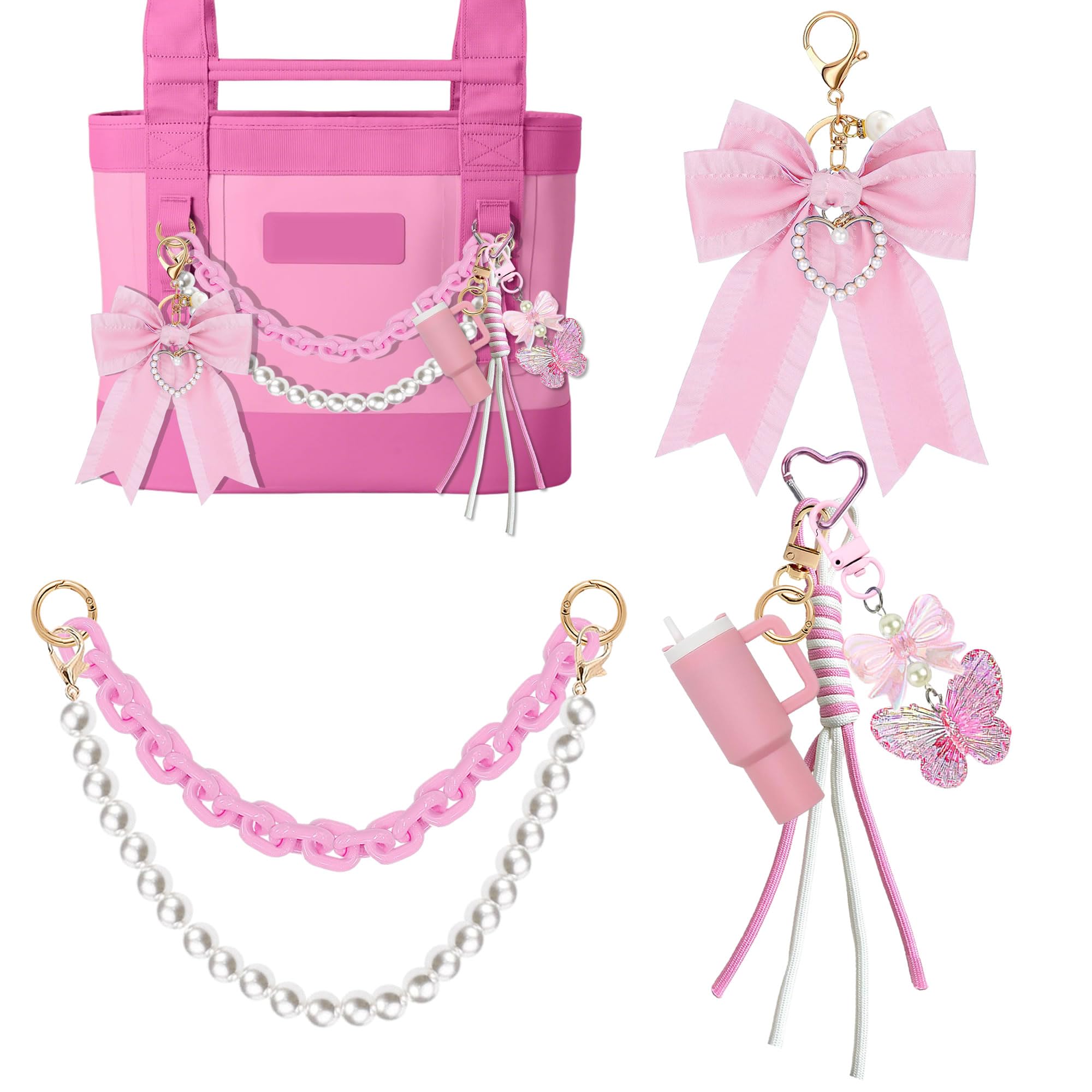 YPINGABS 7PCS Tote Bag Accessory Set for YETI Camino 20/35/50 & Bogg Bags, Pearl Bow Pendant, Acrylic Chain, Mini Tumbler Keychain, Butterfly Beaded