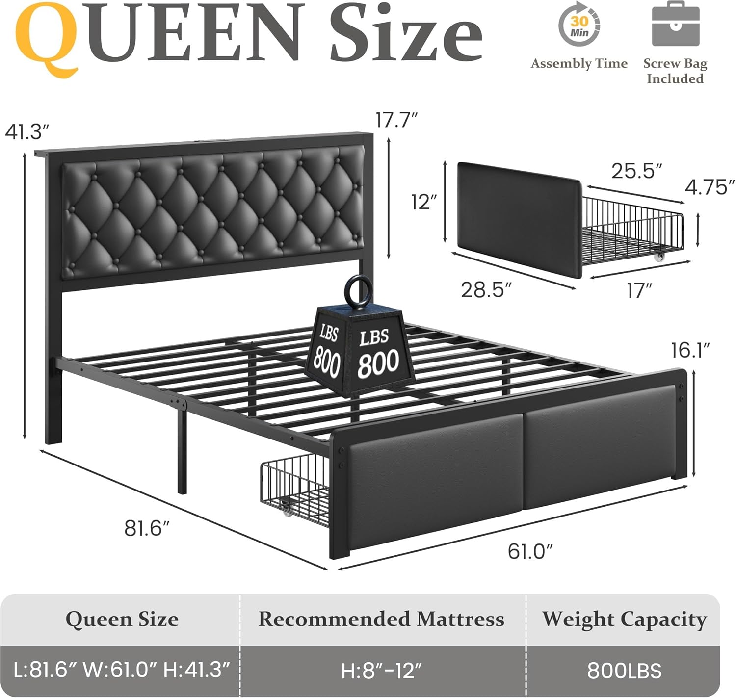 PHGLL Queen Bed Frame with Storage Drawers and Upholstered Headboard Queen Platform Bed No Box Spring Needed, Easy Assembly, Sturdy All Metal Structure, No Noise Bedframe with Charging Station, Black