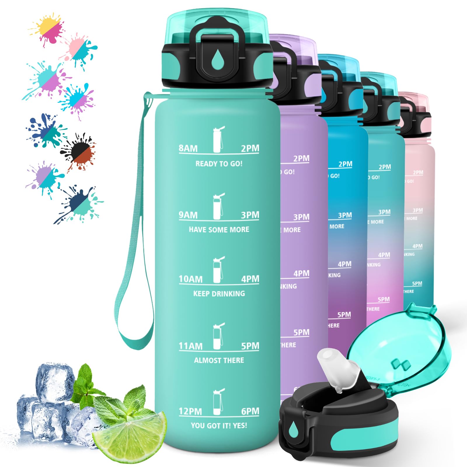 1L Water Bottle Leakless Gym Water Bottle Motivational Time Scale Water Bottles with Straw Easy Clean Sports Hiking Cycling Yoga Green