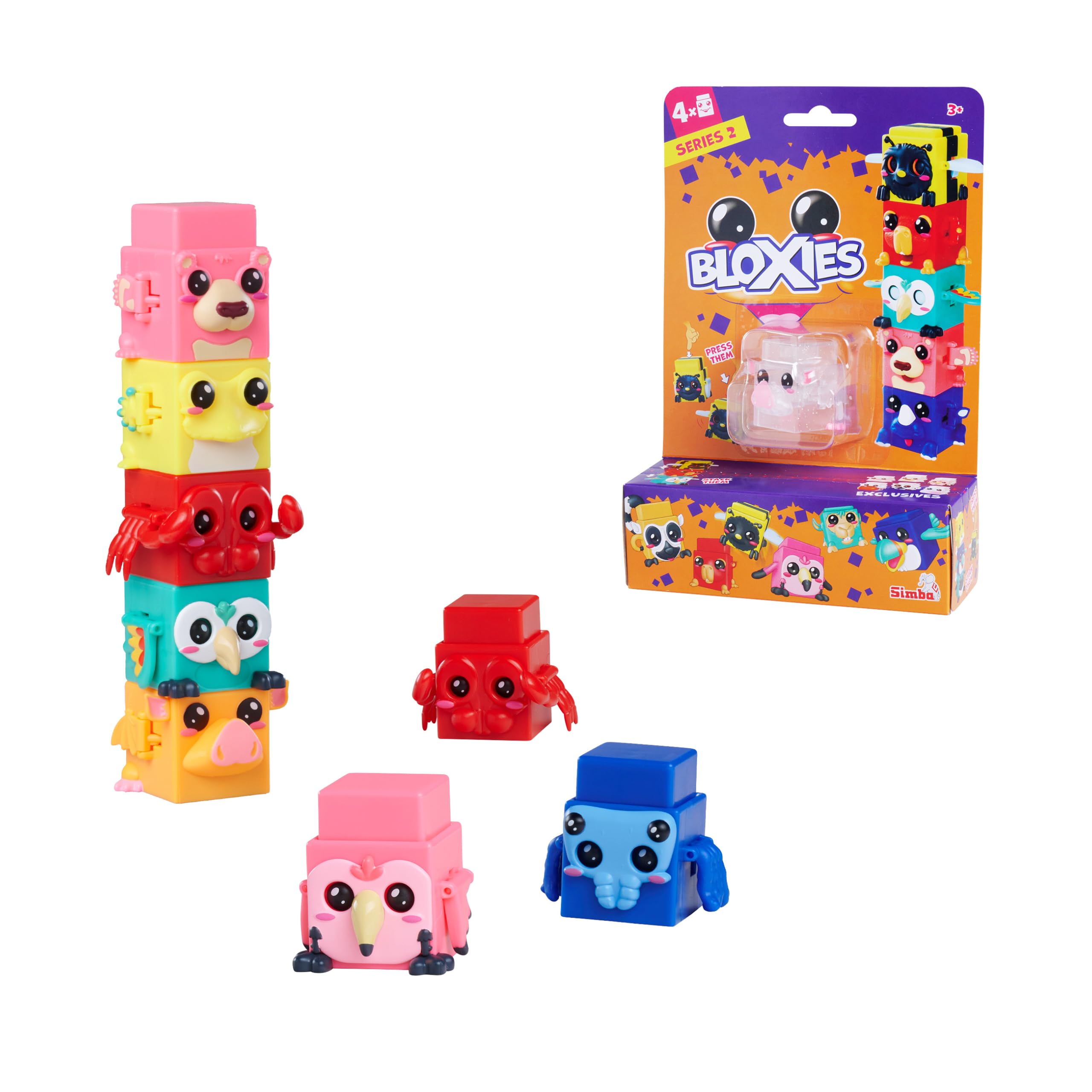 Simba Toys Bloxies Figur Serie II (4 Stück) – Tier-Baustein zum Stapeln und Sammeln, lustiger Bewegungseffekt, 4,5 cm, Auswahl per Zufallsprinzip, Spielzeug ab 3 Jahren