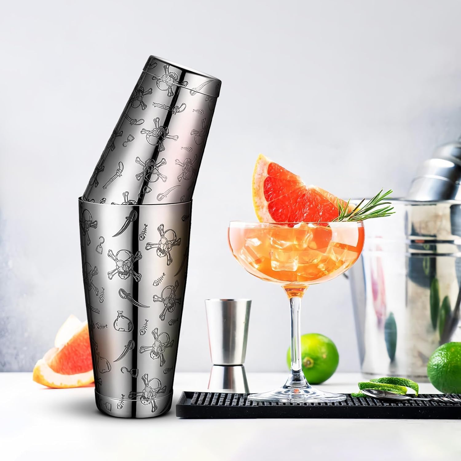 Stainless Steel Boston Shaker with Etched Pattern Weighted Shaking Tin Set 18 & 28oz Pattern Cocktail Shaker Set Two-Piece Heavy Metal Boston Tins Only (Style1 skull) - Image 2