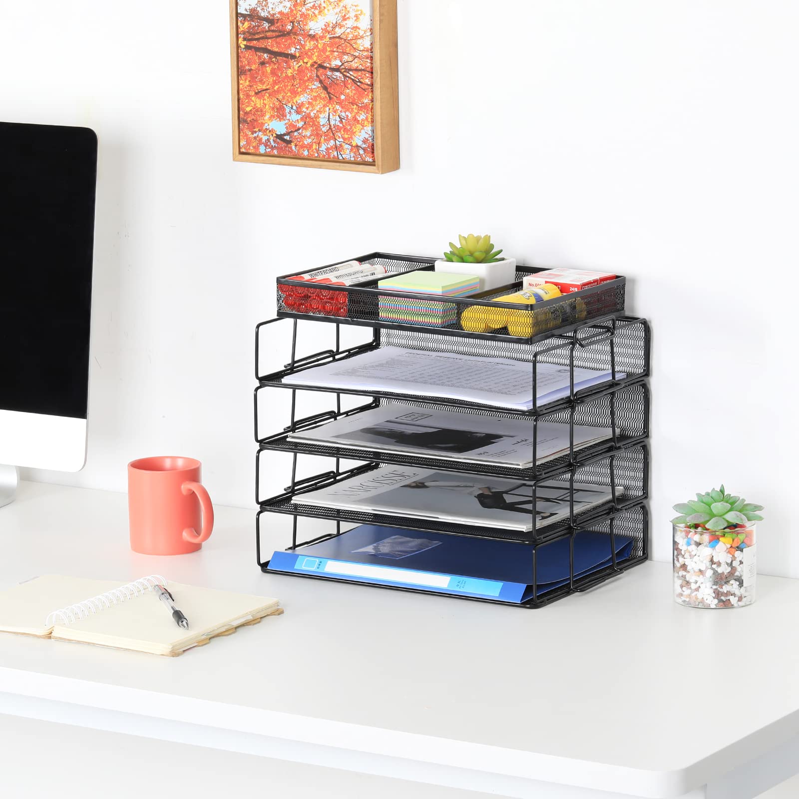 EasyPAG Lot de 5 Métal Paysage Empilable Corbeilles à Courrier A4 Banette de Rangement Bureau Porte Revue Organisateur de Magazine Bannette Papier Range Document,Noir