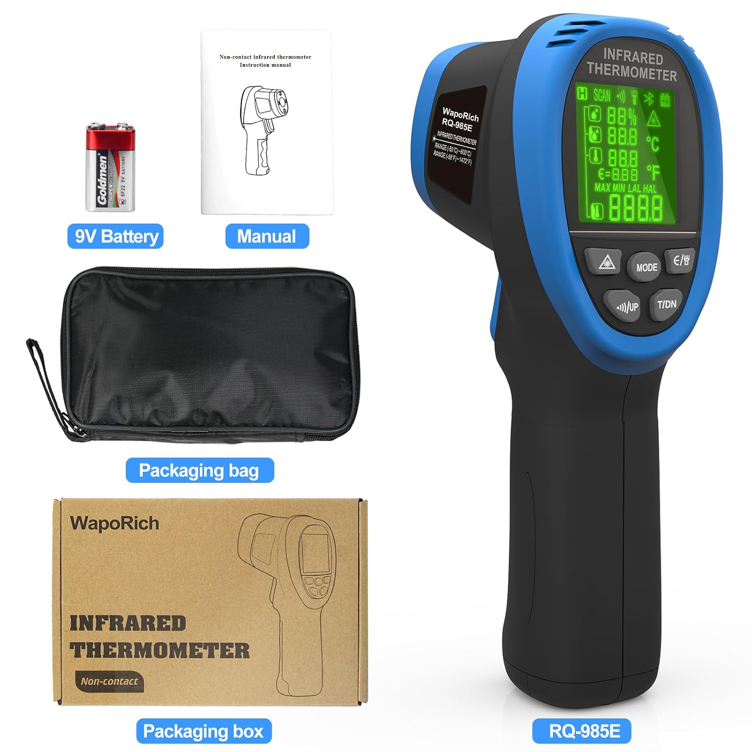 Infrared Thermometer Gun -58℉~1472℉, WapoRich Dual Laser Pyrometer, Non-Contact Digital Temp Gun w/Humidity, Ambient Temp & Dew Point, Temp Alarm for Cooking, BBQ, HVAC【NOT for Human】