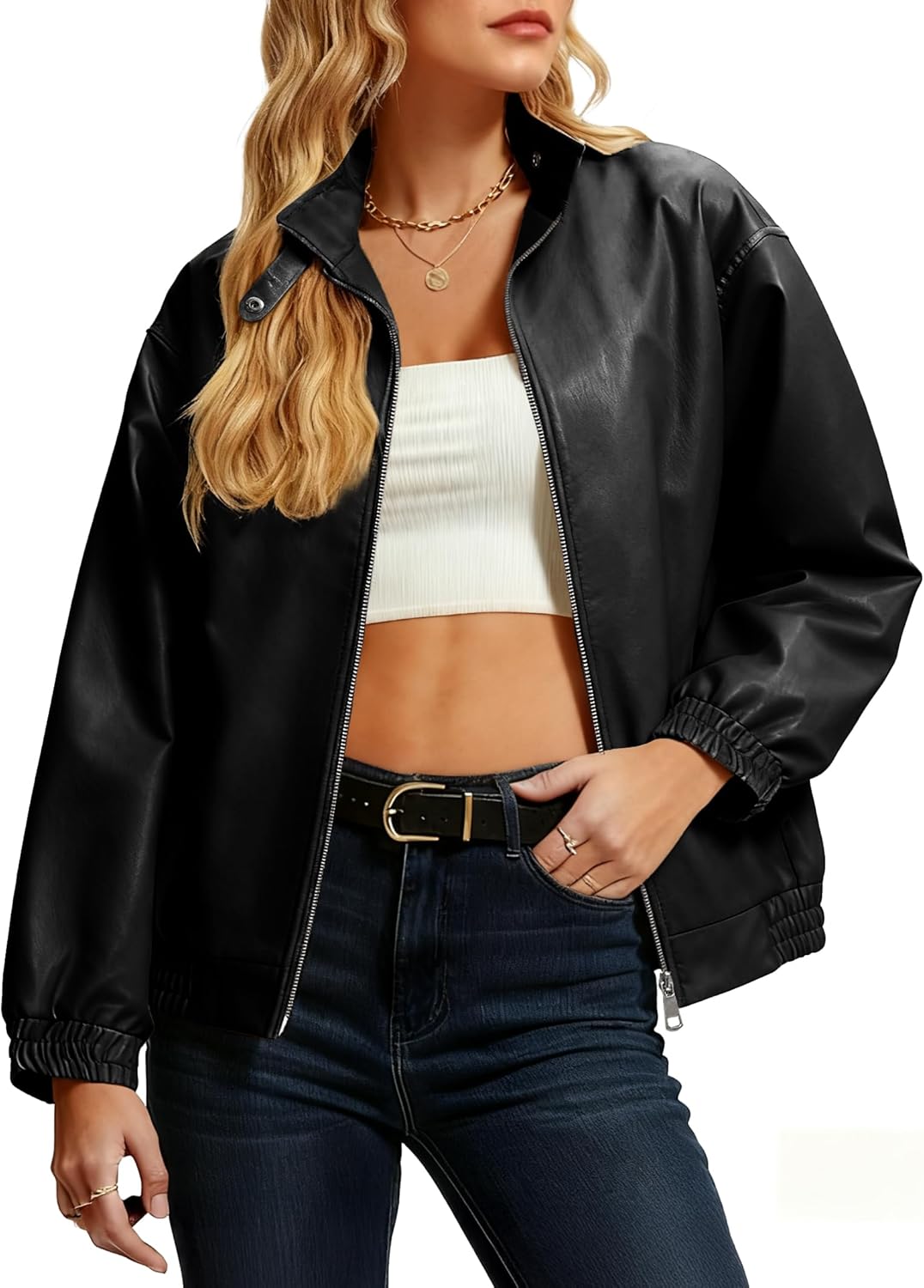 Casly Lamiit Women's Faux Leather Jacket Oversized Winter Stand Collar Double Zipper Casual Motorcycle Bomber Coat Outwear