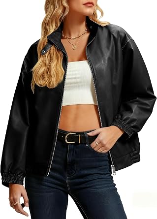 Casly Lamiit Womens Faux Leather Jacket Oversized Winter Stand Collar Double Zipper Casual Motorcycle Bomber Coat Outwear
