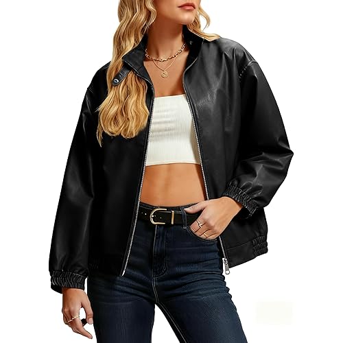 Casly Lamiit Women's Faux Leather Jacket Oversized Winter Stand Collar Double Zipper Casual Motorcycle Bomber Coat Outwear