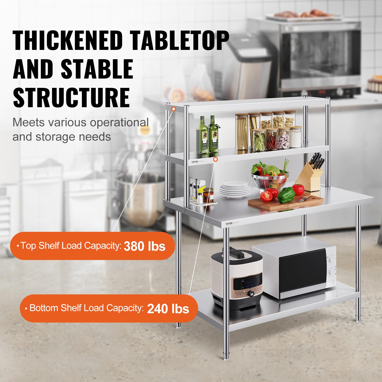 VEVOR Estante Superior de Doble Nivel de Acero Inoxidable 305x1219x600 mm Mesa de Preparación de Estante Ajustable en Altura para Cocina, Restaurante, Taller