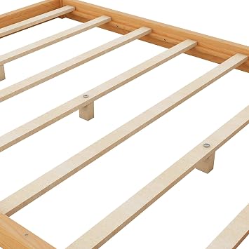 Bellemave Queen Size Canopy Bed, Wood Queen Platform Floor Bed with Slat Support, 4 Posters Queen Bed Frame for Kids Teens Adults - Natural